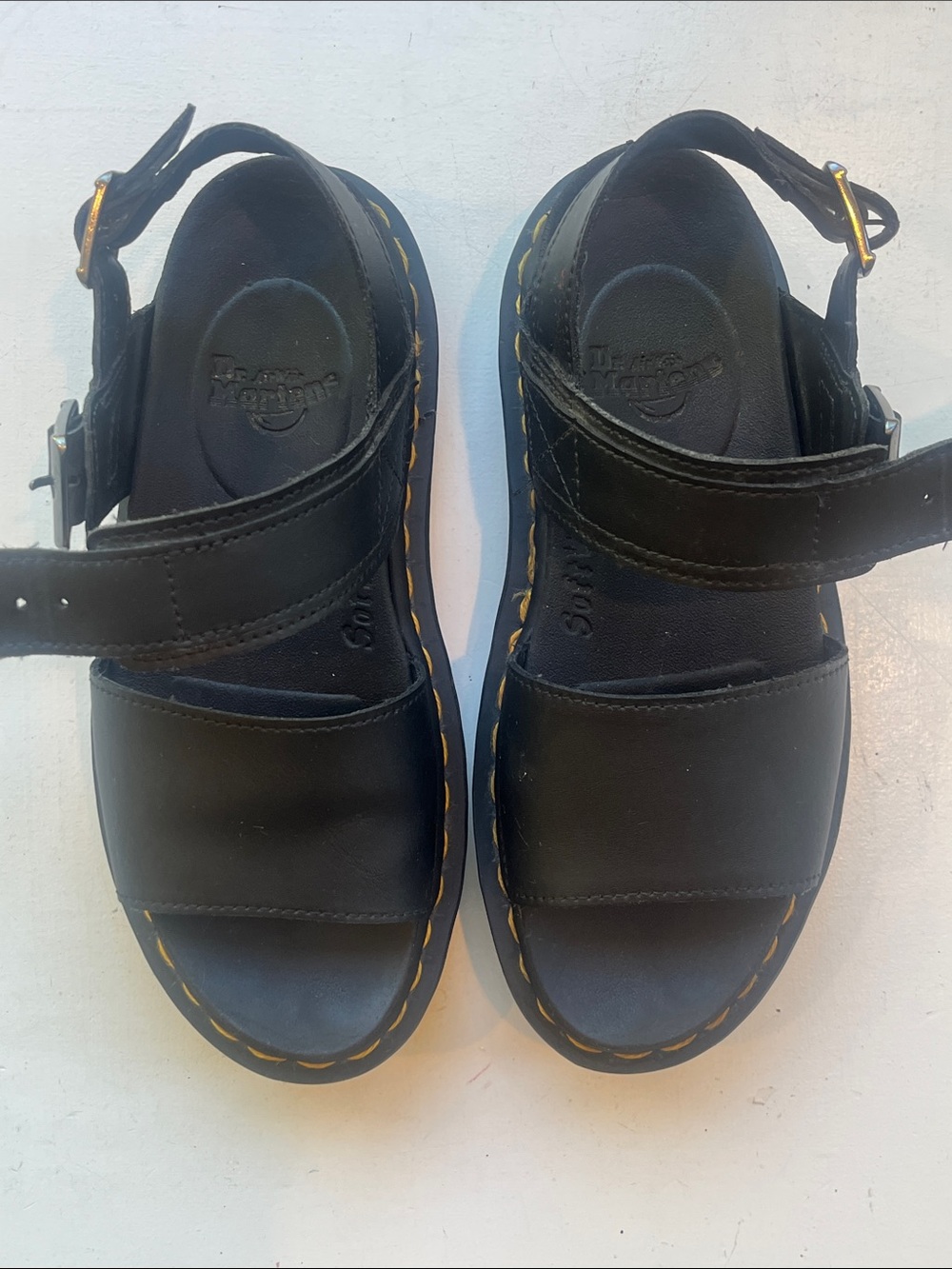Dr. Martens Voss Black Leather Sandals with Yellow Stitching Single Strap - Picture 3 of 7